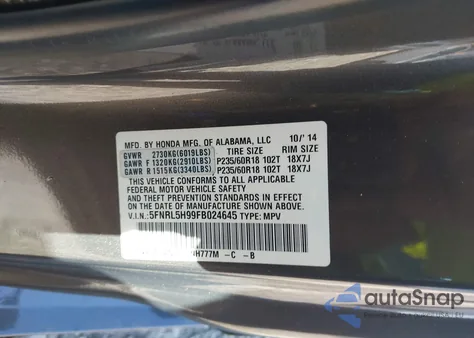 2015 Honda Odyssey Touring/Touring Elite z USA, uszkodzony, nr VIN 5FNRL5H99FB024645